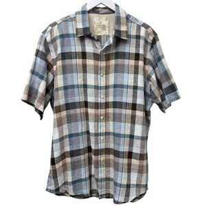 Tasso Elba Island Linen Blend Shirt Large Mens Short Sleeve Button Up Blue Plaid